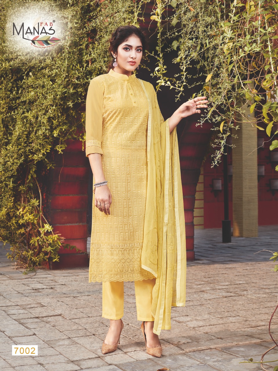 Manas Fab Launch Schiffli Georgette Exclusive Designer Party Wear Kurtis With Bottom And Dupattas Collection At Wholesale Price
