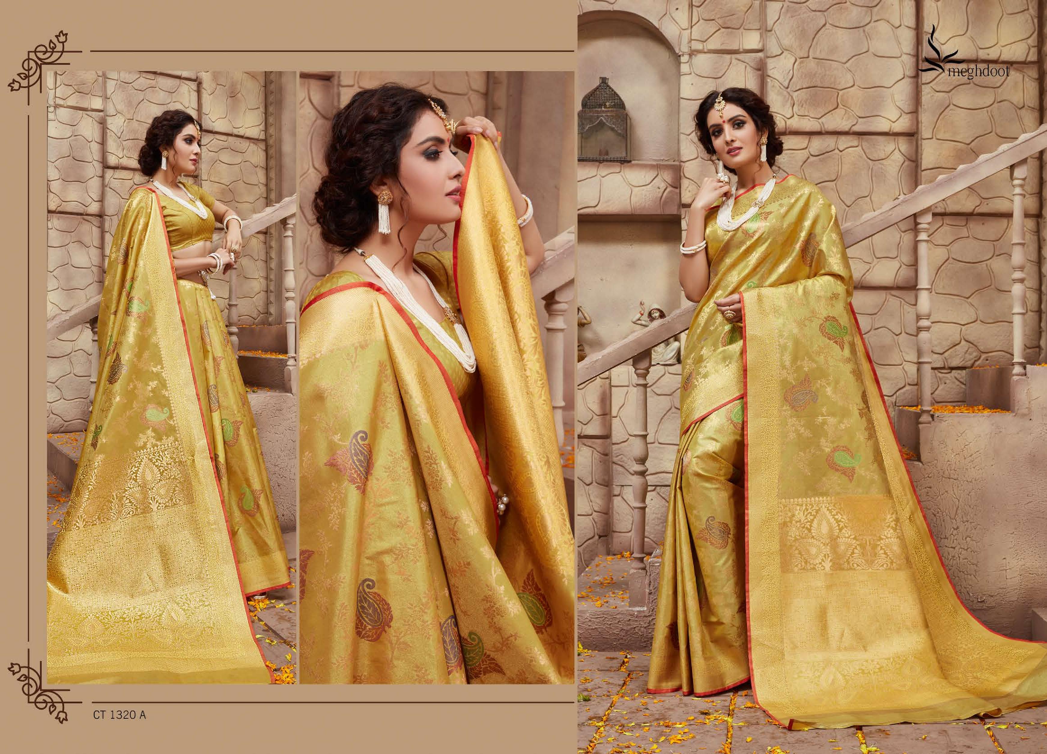 Meghdoot Presents Shine 1292 To 1323 Series Indian Wedding Wear Silk Sarees Catalog Wholesaler