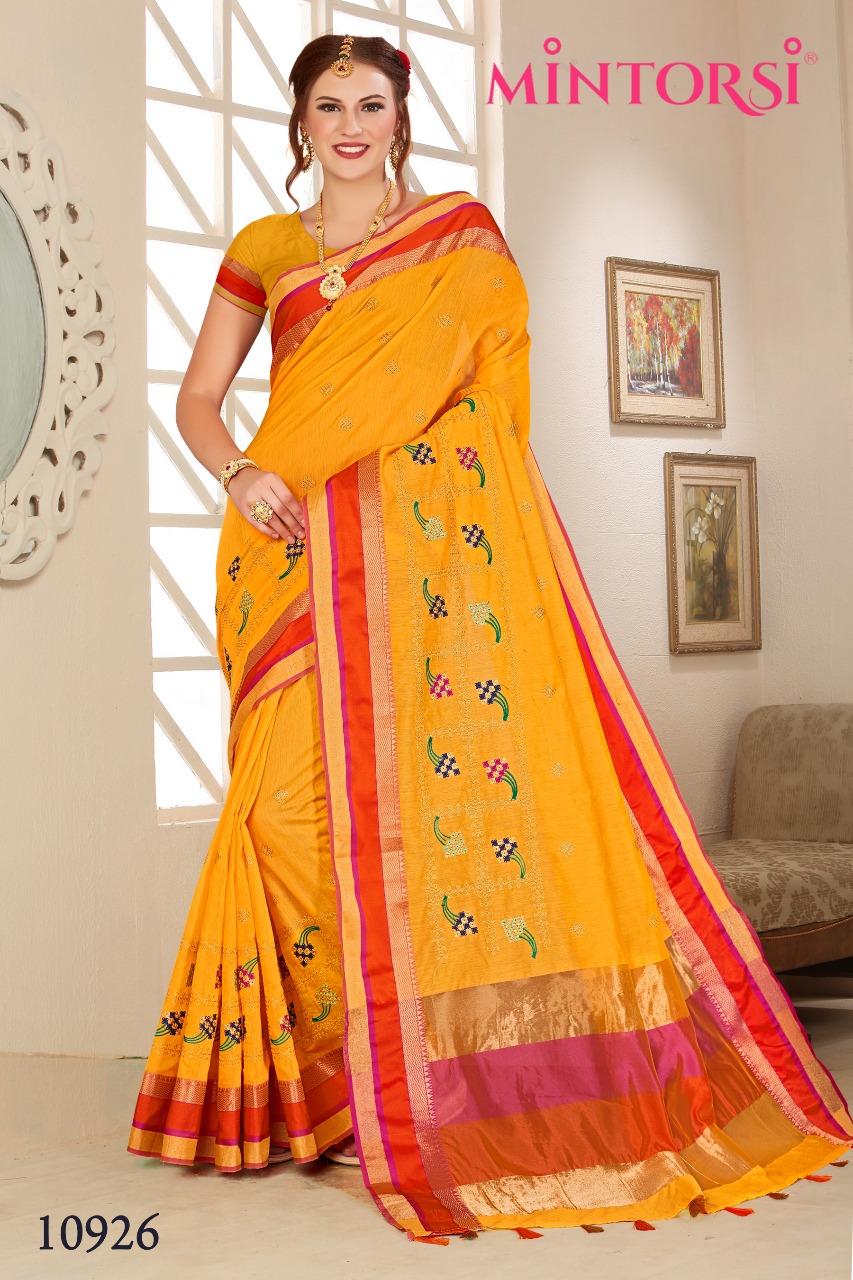 Mintorsi Presents 10921 To 10924 Party Wear Embroidery Cotton Silk Sarees Wholesaler