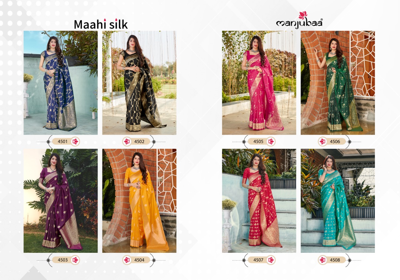 Manjubaa Presents Maahi Silk Indina Traditional Wear Banarasi Silk Sarees Catalog Wholesaler