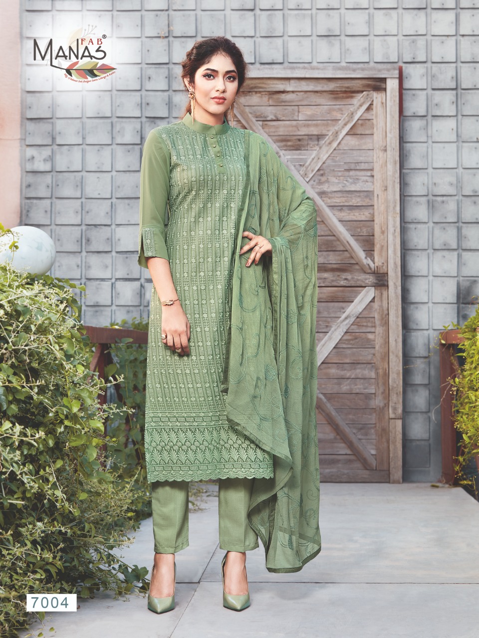 Manas Fab Launch Schiffli Georgette Exclusive Designer Party Wear Kurtis With Bottom And Dupattas Collection At Wholesale Price