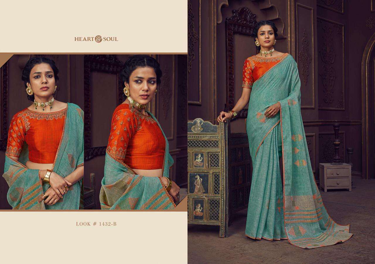 Heart And Soul Presents 1431ab To 1433ab Designer Party Wear Linen Silk Sarees Catalog Wholesaler And Expiorters