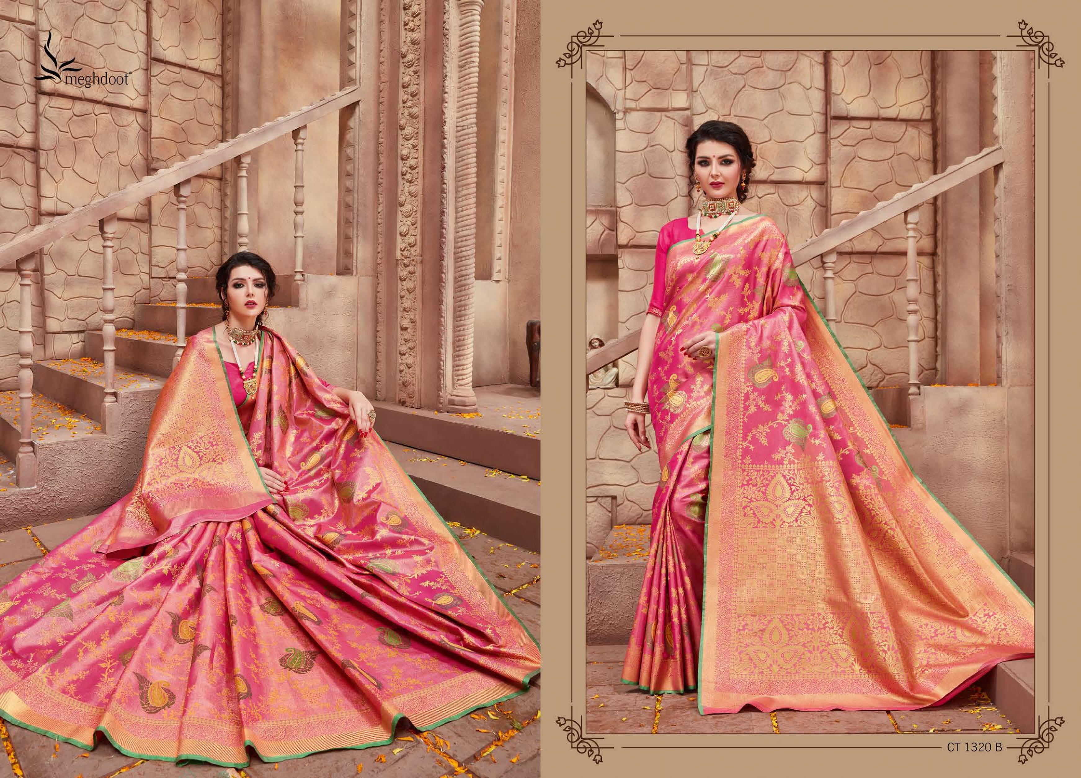 Meghdoot Presents Shine 1292 To 1323 Series Indian Wedding Wear Silk Sarees Catalog Wholesaler