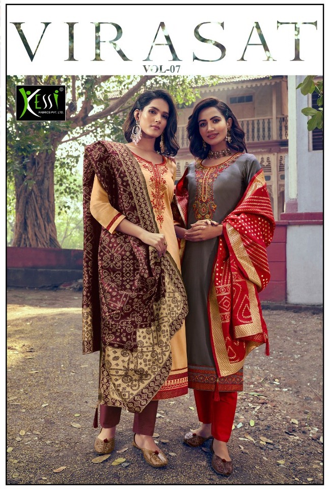 Kessi Presents Virasat Vol-7 Designer Partywear Pure Jam Silk With Khatli Work Straight Salwar Suits Catalog Wholesaler