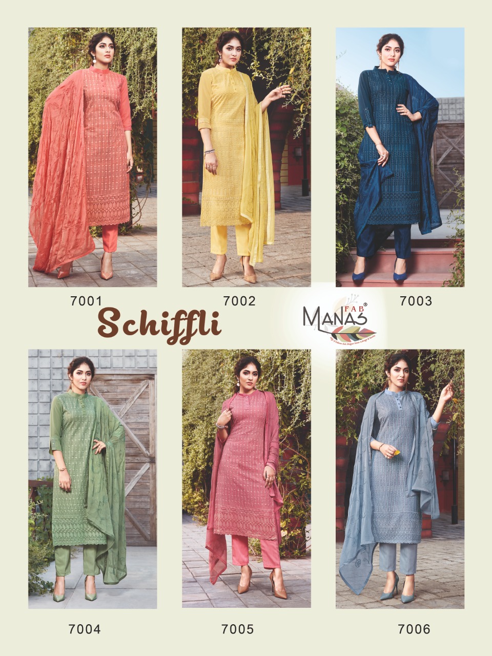 Manas Fab Launch Schiffli Georgette Exclusive Designer Party Wear Kurtis With Bottom And Dupattas Collection At Wholesale Price