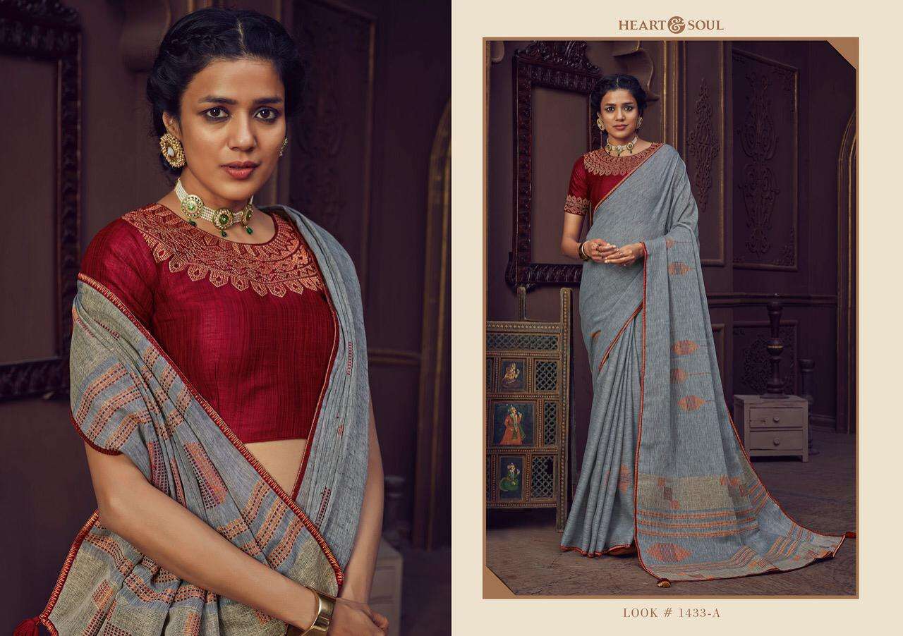 Heart And Soul Presents 1431ab To 1433ab Designer Party Wear Linen Silk Sarees Catalog Wholesaler And Expiorters